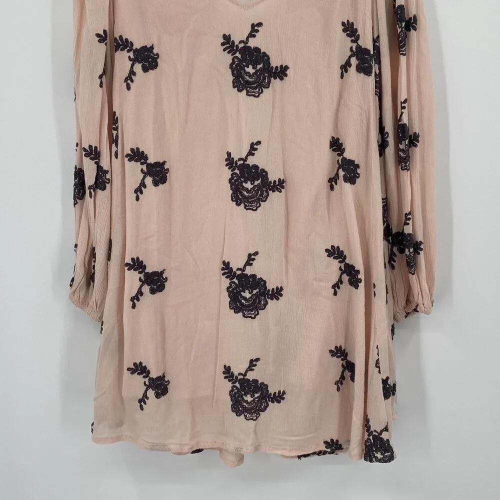 FREE PEOPLE Size Small Pink Emma Floral Embroidered Boho Mini Swing Dress NWT